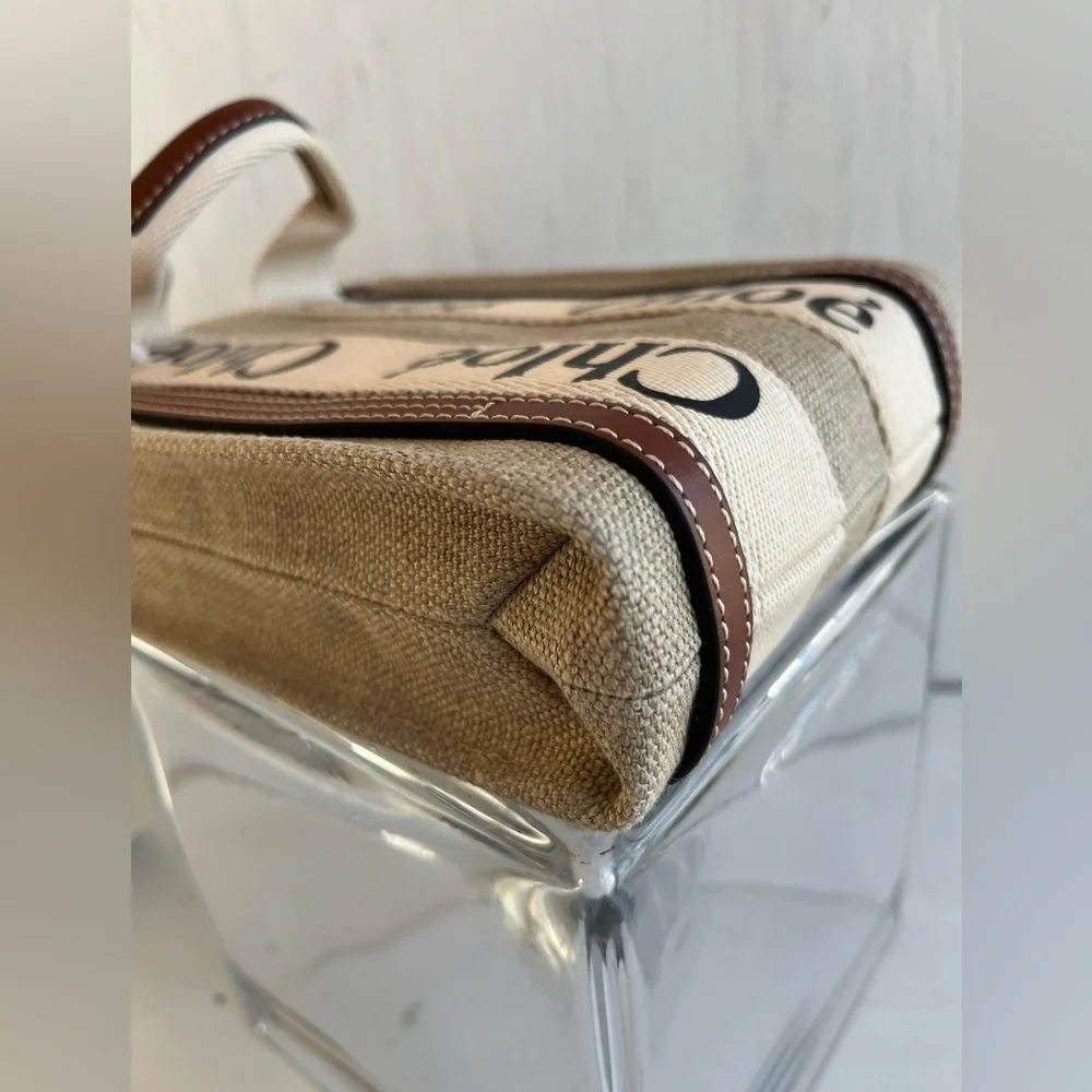 Chloé Mini Woody Linen Canvas North/South Tote- White-Brown